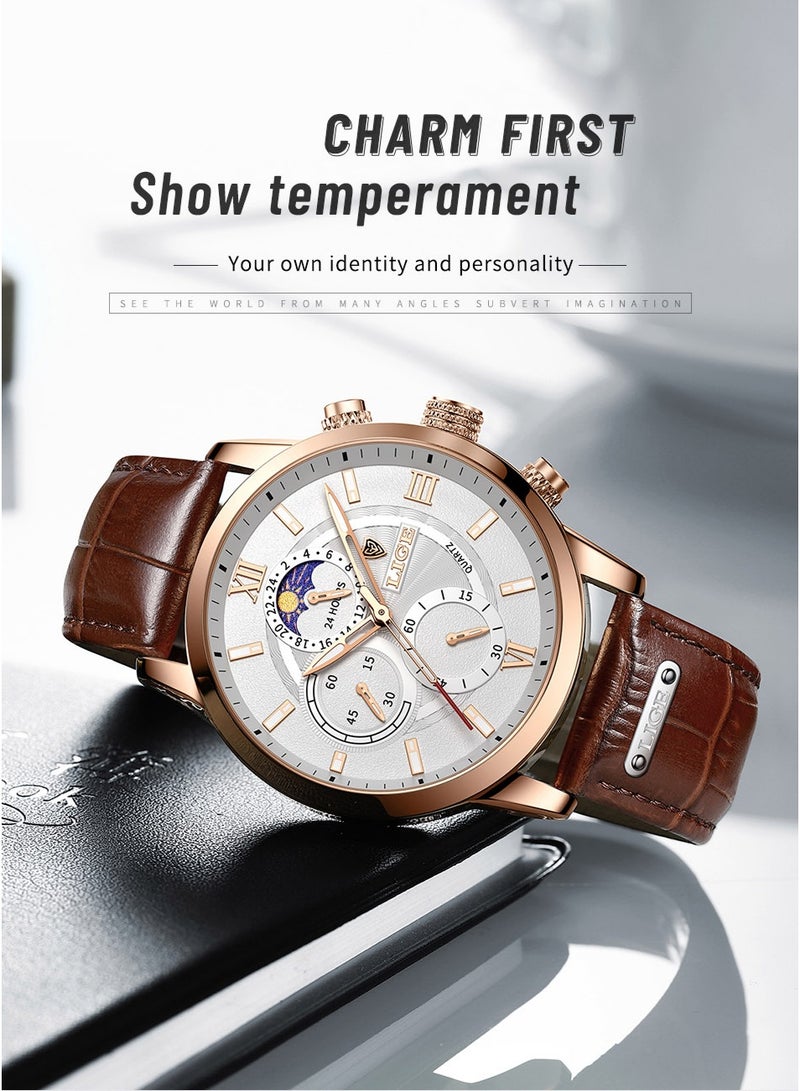 LIGE Waterproof Watches for Men Analog Quartz Watch for Business with Luxury Leather Strap Rose Gold White - Image 2
